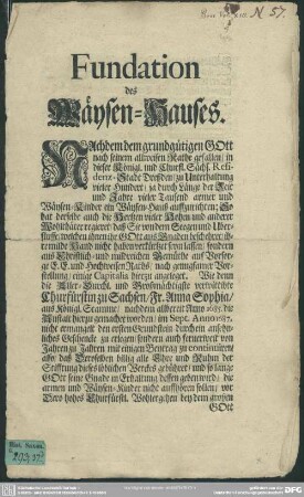 Fundation des Wäysen-Hauses : [Dreßden, im Monat Septembr. Anno 1710]