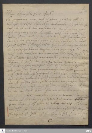 Brief von August Hermann Francke an Nikolaus Ludwig von Zinzendorf.