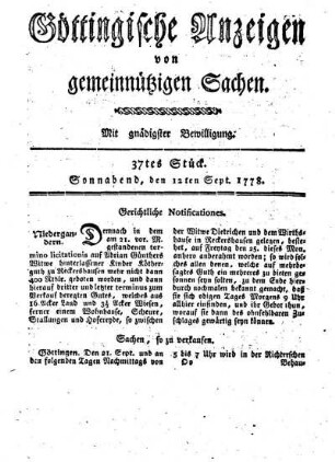 37tes Stück. Sonnabend, den 12ten Sept. 1778.