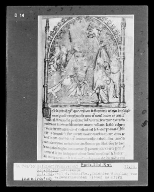 Roman des chevaliers de la table ronde, Artussage, fol. 142, Kniender Jüngling vor einem geharnischten Ritter zu Pferd