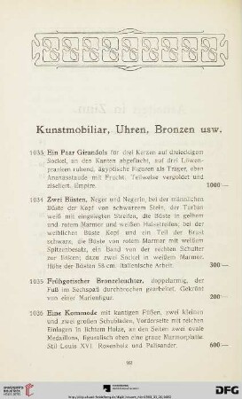 Kunstmobiliar, Uhren, Bronzen usw. (Nr. 1033-1054)