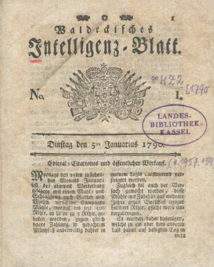 No. 1, Dinstag den 5ten Januarius 1790