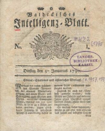 No. 1, Dinstag den 5ten Januarius 1790
