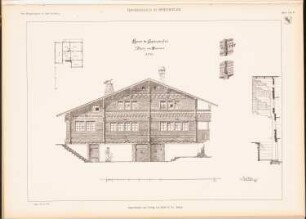 Bauernhaus, Spezwyler: Grundriss, Ansicht, Fassadenschnitt vertikal (aus: Das Bauernhaus in der Schweiz, hrsg.v. Schweiz. Ingenieur- und Architektenverein, 1903)