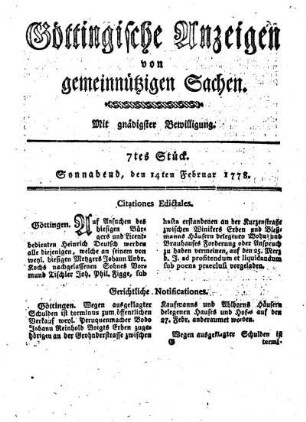 7tes Stück. Sonnabend, den 14ten Februar 1778.