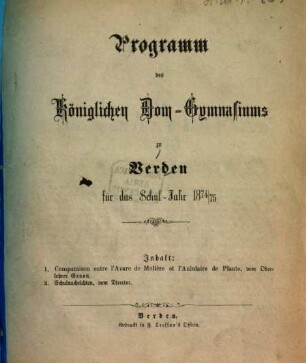Programm des Königlichen Dom-Gymnasiums zu Verden : für das Schuljahr .... 1874/75