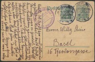 Postkarte von Dora Hitz an Wilhelm Stein