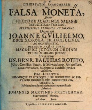 Diss. inaug. de falsa moneta