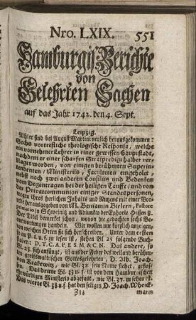 Nro. LXIX. auf das Jahr 1742. den 4. Sept. - Nro. LXXVI. auf das Jahr 1742. den 28. Sept.