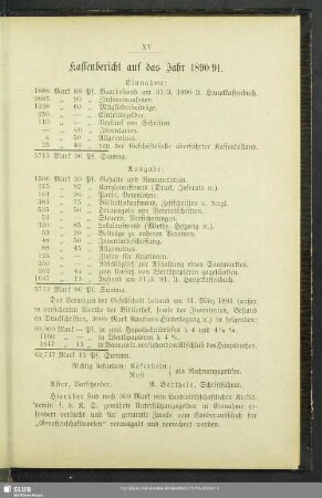 Kassenbericht auf das Jahr 1890/91