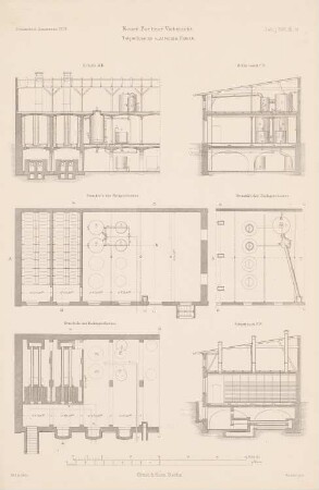 Viehmarkt und Schlachthof, Berlin: Grundriss Keller, EG, Dach Schnitt AB, Schnitt CD, Schnitt EF Tagschmelze und Albuminfabrik (aus: Atlas zur Zeitschrift für Bauwesen, hrsg. v. G. Erbkam, Jg. 22, 1872)