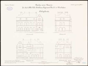 Artilleriekaserne II/27, Wiesbaden: Stabsgebäude: Aufriss Nordostansicht, Nordwestansicht, Südostansicht, Südwestansicht 1:100