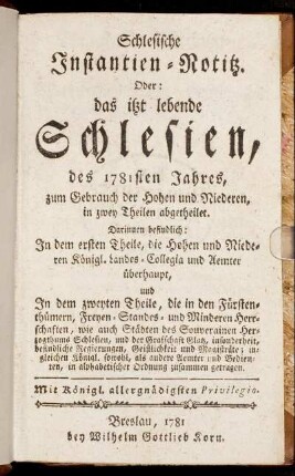 1781: Schlesische Instantien-Notitz oder das itzt lebende Schlesien