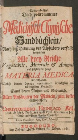 Compendiöses Doch vollkommenes Medicinisch-Chymisches Handbüchlein