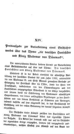 Preisaufgabe zur Ausarbeitung eines Geschichtswerkes über das Thema "Die deutsche Hansestädte und König Waldemar von Dänemark".