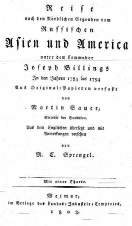Reise nach den Nördlichen Gegenden vom Russischen Asien und America unter dem Commodor Joseph Billings