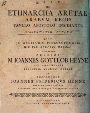 De ethnarcha Aretae, Arabum regis, Paullo Apostolo insidiante dissertatio altera