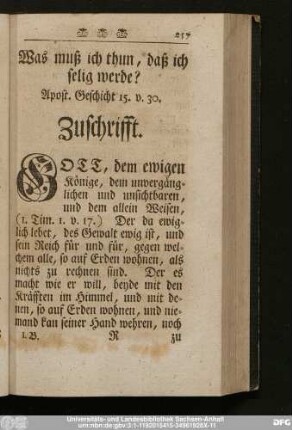 Was muß ich thun, daß ich selig werde? Apost. Geschicht 15. v. 30.