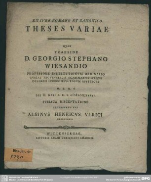 Ex Iure Romano Et Saxonico Theses Variae
