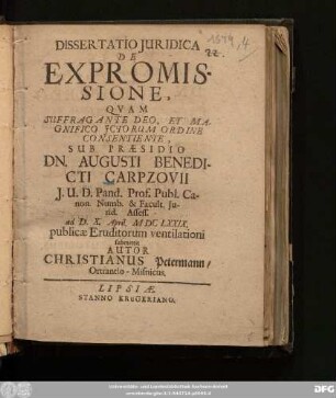Dissertatio Iuridica De Expromissione : Quam Suffragante Deo, Et ... ICtorum Ordine Consentiente