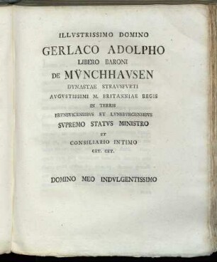 Illustrissimo Domino Gerlaco Adolpho Libero Baroni De Münchhausen [...]