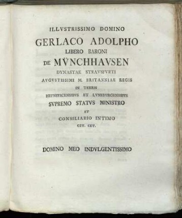 Illustrissimo Domino Gerlaco Adolpho Libero Baroni De Münchhausen [...]