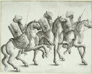 Drei türkische Reiter; Vorzeichnung zu Balthasar Küchlers: "Repraesentatio der Fürstlichen Auffzug und Ritterspil..." 1609