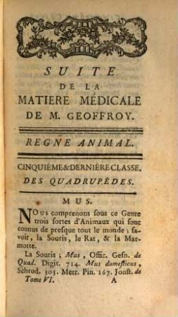 Suite De La Matiére Médical De M. Geoffroy, Tome Sixiéme. Regne Animal