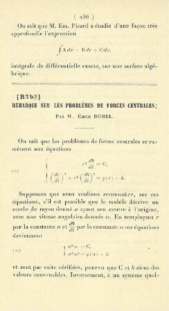 Remarque sur les problèmes de forces centrales.