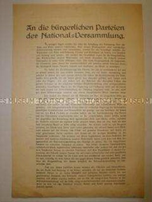 Flugblatt mit einem Appell von Offizieren und Unteroffizieren der Armee an die bürgerlichen Parteien der Nationalversammlung