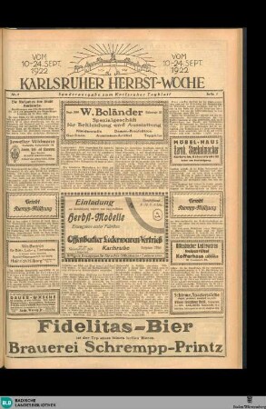 Karlsruher Tagblatt, Sonderausgabe. Karlsruher Herbst-Woche 1922