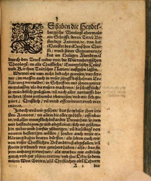 Letste Antwort der Wiirtenbergischen Theologen Wider die Haidelbergische Theologen, von der Maiestet des Menschen Christi zur Gerechten der allmächtigen Krafft Gottes, und seiner warhafftigen Gegenwertigkeit im heiligen Abendtmal