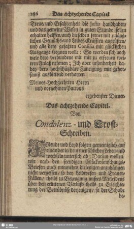 Das achtzehende Capitel. Von Condolenz- und Trost-Schreiben