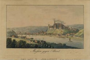 Ansicht von Meißen, Umrißradierung, um 1840 : Meißen gegen Abend. - [S.l.] , [um 1840]. - 1 Kunstbl. : kolor. Umrißradierung ; 15 x 9 cm