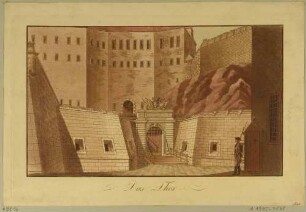 Blick aus der Grabenschere auf das Medusentor mit Wappenbekrönung und das Torhaus der Festung Königstein in der Sächsischen Schweiz, aus einer Serie nach Engelbrechts Prospekten der Festung Königstein 1735 von Pinz