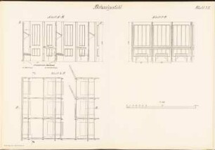 Betsaalgestühl: Ansichten, Schnitt A B, Schnitt C D, Schnitt E F 1:10 (aus: Musterzeichnungen f. d. Ausbau v. Gefängnissen in Preußen, bearb.im Ministerium d. öffentl. Arbeit, 1912)