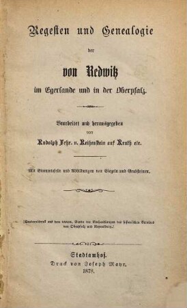 Regesten und Genealogie der von Redwitz im Egerlande und in der Oberpfalz