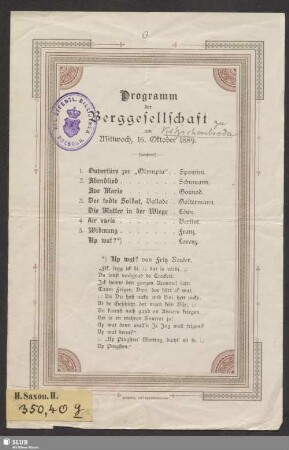 Programm der Berggesellschaft am Mittwoch, 16. Oktober 1889
