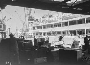 Im Hamburger Hafen : Verladen der notwendigen Expeditionsgüter auf ein Schiff im Hamburger Hafen.