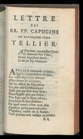 Lettre des RR. PP. Capucins au Reverend Pere Tellier.