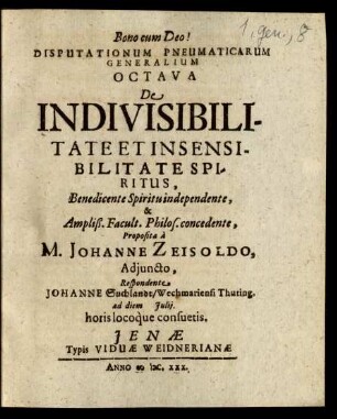 Ps. Generalis, De Spiritu eiusque Attributis, 8: De Indivisibilitate Et Insensibilitate Spiritus : ad diem Iulii ...