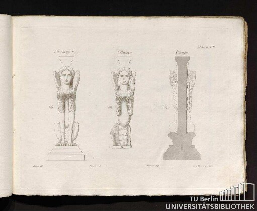 Planche XIII. Restauration. Ruine. Coupe. Fig. 2. Fig. 3. Fig. 1. Pesenti del. supplement. Ferrari fig. gravé par Acquaroni.