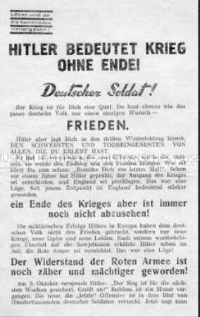 Sowjetisches Abwurf-Flugblatt zur Aussichtslosigkeit des Krieges gegen die UdSSR (mit Passierschein)