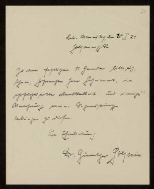Brief von Günther Holstein an Otto von Gierke, Berlin-Wilmersdorf, 20.1.1921
