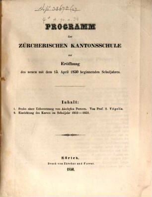 Probe einer Übersetzung von Aischylos Persern : Von Prof. S. Vögelin. (Programm der Zürich. Kantons. Schule p)