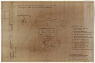 Gartenanlage Pädagogische Akademie Köln: Pergola für Kletterpflanzen und Wasserbecken für Sumpf- Wasserpflanzen sowie Alpinum: Grundriss 1:100. Schnitt 1:50