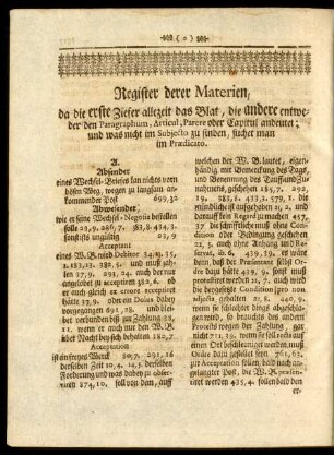 Register derer Materien, da die erste Ziefer allezeit das Blat, die andere entweder den Paragraphum, Articul, Parere oder Capitul andeutet; und was nicht im Subjecto zu finden, suchet man im Praedicato