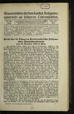 Bericht über die Sitzung des Vereins katholischer Religionslehrer Nordwestdeutschlands vom 28. Dezember 1920 in Köln