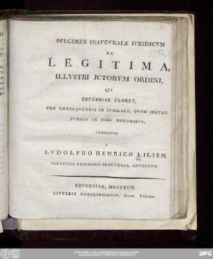 Specimen Inavgvrale Ivridicvm De Legitima ...