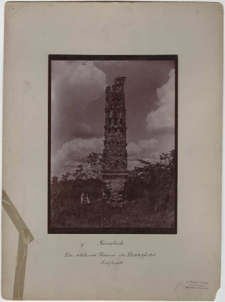 "The slender tower or thinking pillar. South façade. (with expedition member.)"